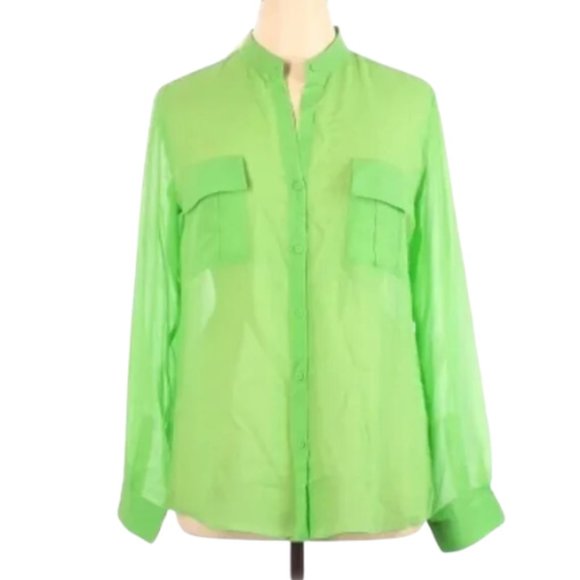 Erin Fetherston Long Sleeve Neon Green Silk Button Down Blouse NWT XL - Picture 2 of 4